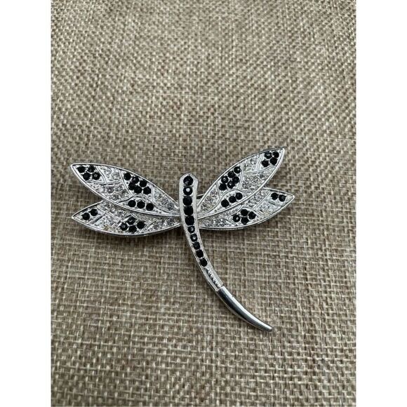 Dragon Fly Pin silver tone black rhinestone bug insect animal Brooch Pin - Picture 2 of 8